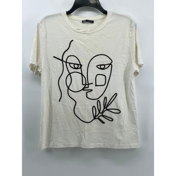 ZARA Women's White-Black Abstract Face Graphic Crewneck Short Sleeve Top SZ M - Picture 1 of 12